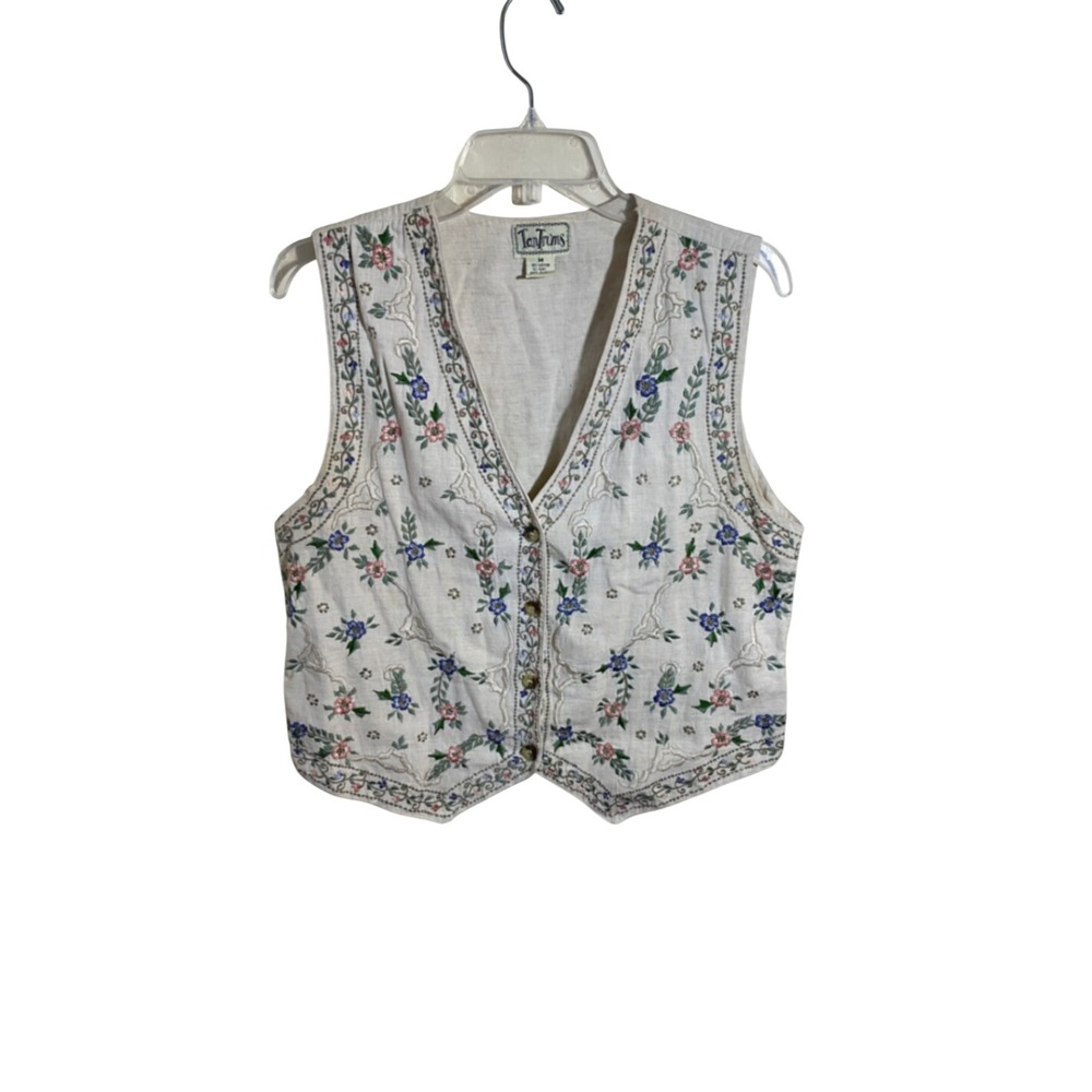 TanTrums Vintage Floral Embroidered Cotton Flax Vest Cream Boho Cottagecore M